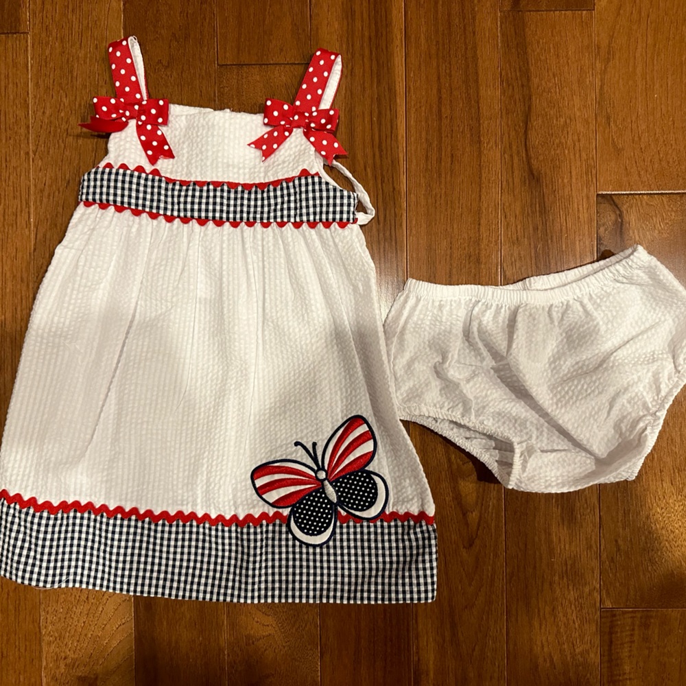 Patriotic 24M Girls Sundress and Bloomers Set with Butterfly Appliqué